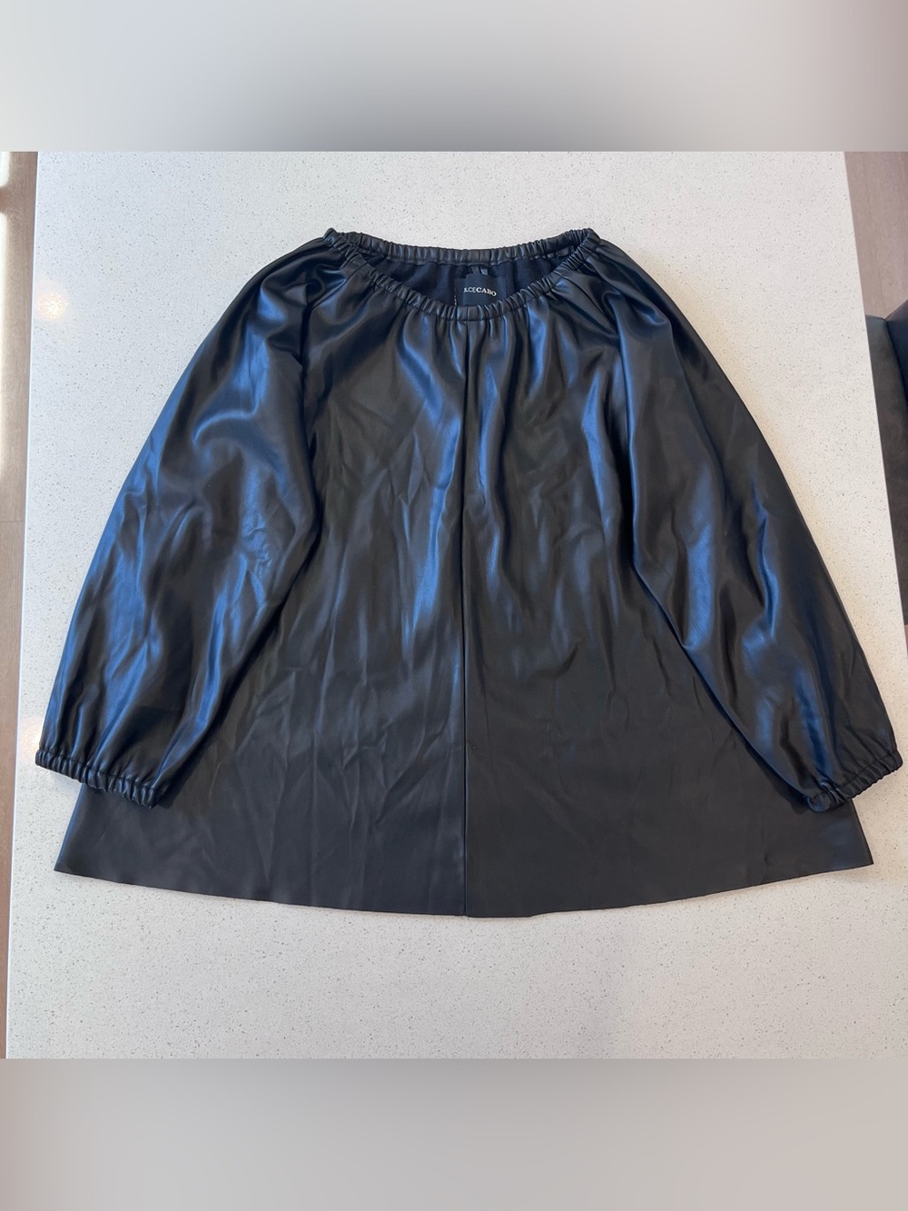 Dolce Cabo Black Faux Leather Peasant Blouse with Elastic Neckline